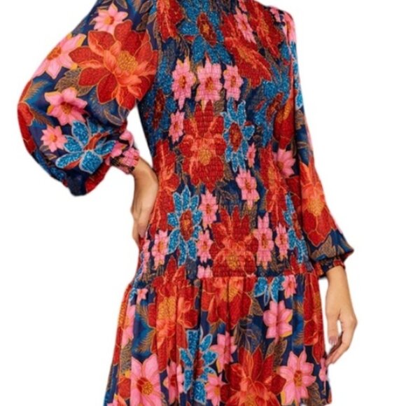 FARM RIO Floral Red Multi Mixed Flower Prints Smocked Mini Dress XS $221 - Picture 2 of 14